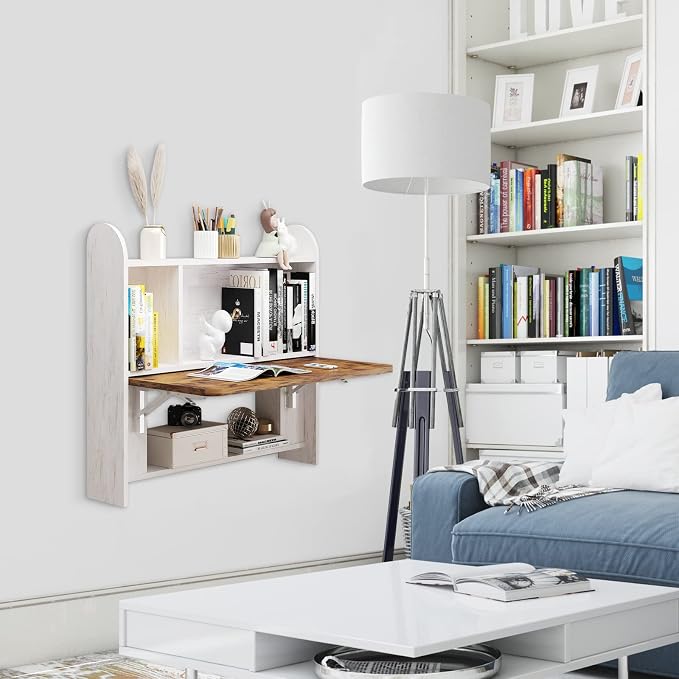 Wall Mounted Drop-Leaf Table, Floating Laptop Desk, Folding Table with Shelves, Multifunctional Computer Workstation with Storage Compartments in Home Office for Space Saving (Grayish White)