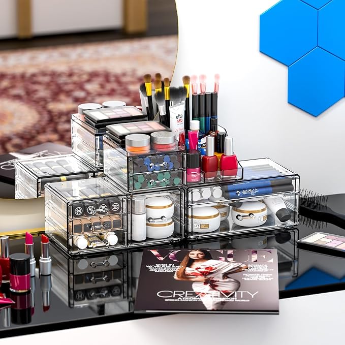 Acrylic Clear Makeup Organizer Countertop,Stackable Skincare Organizer for Vanity With 8 Drawers,Large Plastic Desk Accessories Organization,Bathroom Cosmetic Organizer Countertop for Beauty,Skin Care