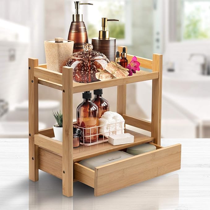 Sorbus 2-Tier Bamboo Countertop Shelf with Hidden Drawer for Vanity, Matcha Shelf, Bathroom Storage Cabinet, Under Sink Organizer, Bathroom Storage, Matcha Station Shelf (13″ L x 6.5″ W x 12.6″ H)