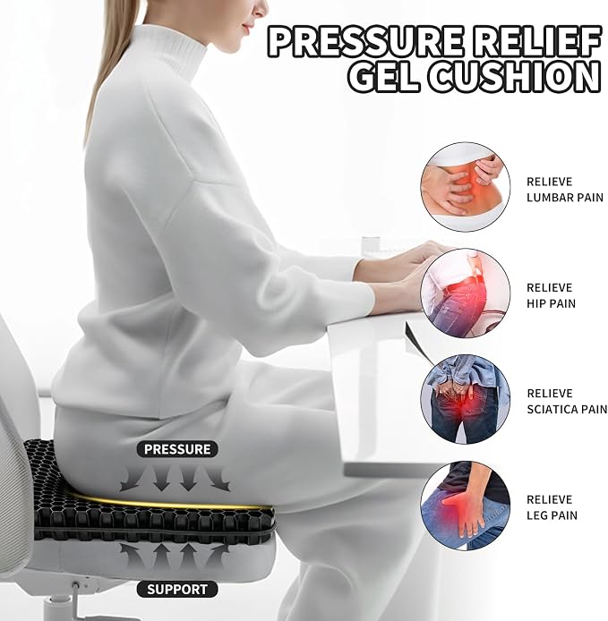 Gel Seat Cushion for Long Sitting - 16.5" x 14.5" x 2.4" (Extra Thick＆Soft) | Gel Cushion for People Over 185 lbs, Pressure Relief Cushion for Office Chair, Egg Cushions for Wheelchair, Gel Pad for Car