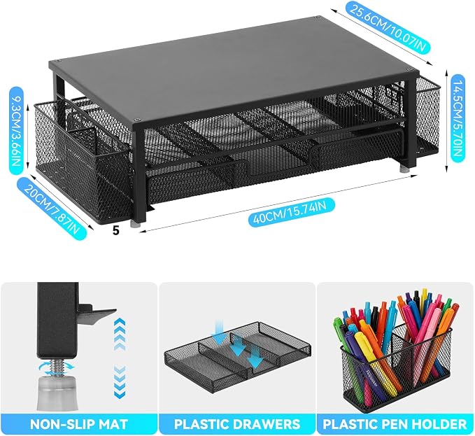 2-Tier Monitor Stand with Drawer, Laptop Stand with Storage for Desk, Heavy Duty Iron Computer Stand Riser & Desk Organizer with Drawers, Home Office Mesh Shelf for Monitor up to 32 Inch (Black)