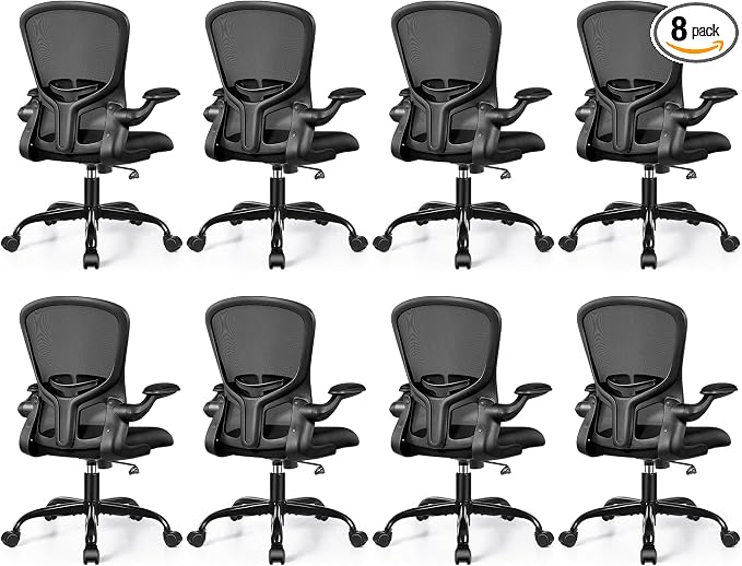FelixKing Office Desk Chairs, Ergonomic PC Desk Chair with Wheels, Adjustable Lumbar Support and Height, Swivel Computer Chair with Flip-up Armrests, Ergo Mesh Backrest for Working (Black, Pack of 8)