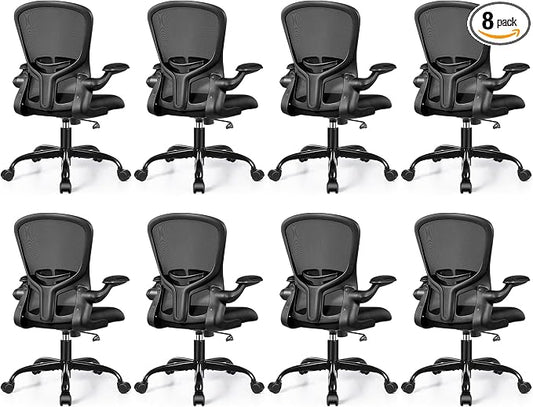 FelixKing Office Desk Chairs, Ergonomic PC Desk Chair with Wheels, Adjustable Lumbar Support and Height, Swivel Computer Chair with Flip-up Armrests, Ergo Mesh Backrest for Working (Black, Pack of 8)