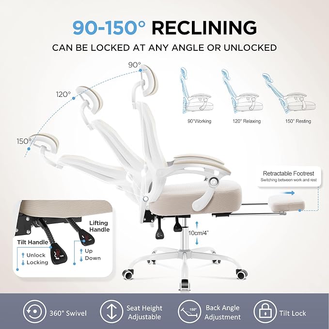 Ergonomic Office Chair with Footrest,Ultra Thick Desk Chair,Cream | 150°Reclining,Mesh High Back,Adjustable 2D Lumbar Support and Headrest,4.8" Spring Cushion,Premium Computer Chair for Adults