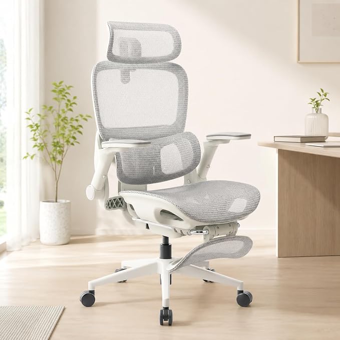SIHOO B300 PRO Comfy Ergonomic Office Chair with FOOTREST, Mesh Computer Chair with 360° FILP-up 6D Armrests, 135° Reclining, Breathable Desk Chair for Home Office, Holds 300 LBS-White
