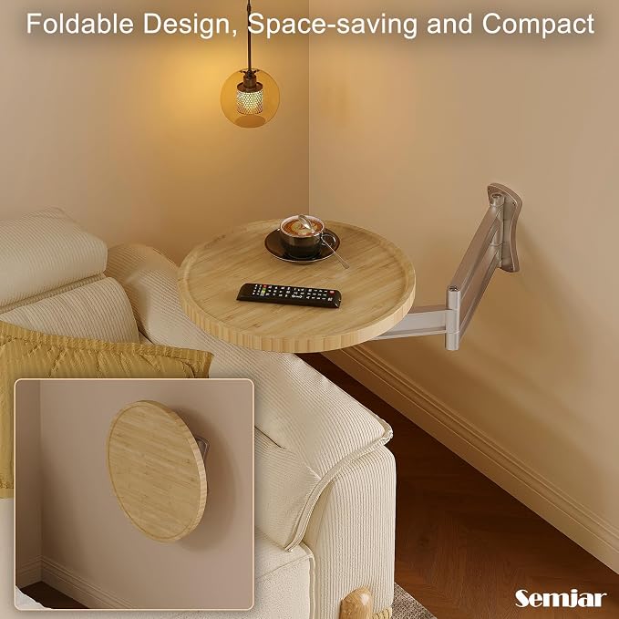 Wall Mounted Folding Table,Retractable Small Bamboo Drop Down Floating Wall Desk,11.8" Round Wood Tabletop with Aluminum Alloy Brackets,Bedside Wall Shelf Drop Top Desk,Fold Down Nightstand