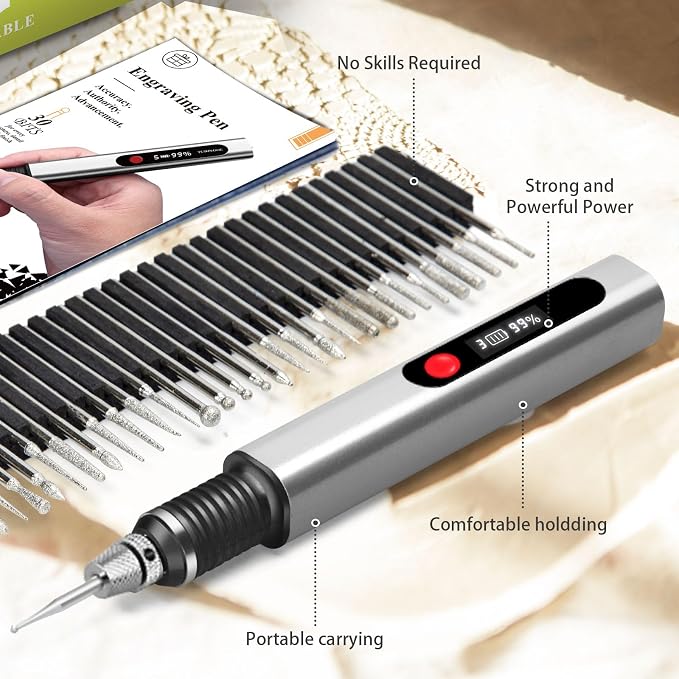 TUBINOONE Engraving Pen, Ultimate Cordless Portable Tool for Artists & DIYers - Engrave 50+ Surfaces - Beginner Friendly - Rechargeable - Free 30 Bits & Mastery Guide & Stencils (Gray)