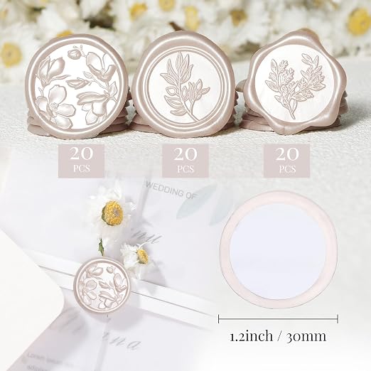 UNIQOOO Wax Seal Stickers - (3 Designs in 1 Pack) Wedding Invitation Envelope Seal Stickers, 60 Pcs Self-Adhesive Stickers, Perfect for Invitation, Christmas, Gift Wrapping (Champagne)