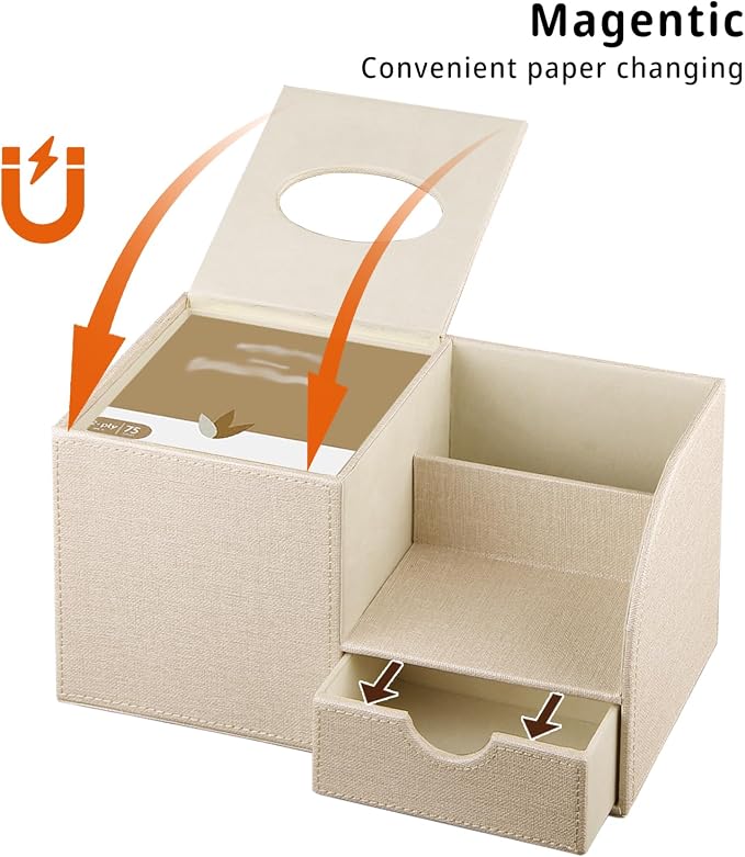 Nightstand Organizer with Tissue Holder,PU Leather Square Tissue Box Cover | Modern Facial Paper Organizer Storage Box for TV Remote Control,Bathroom,Vanity Countertop,End Table,Home and Office Decor
