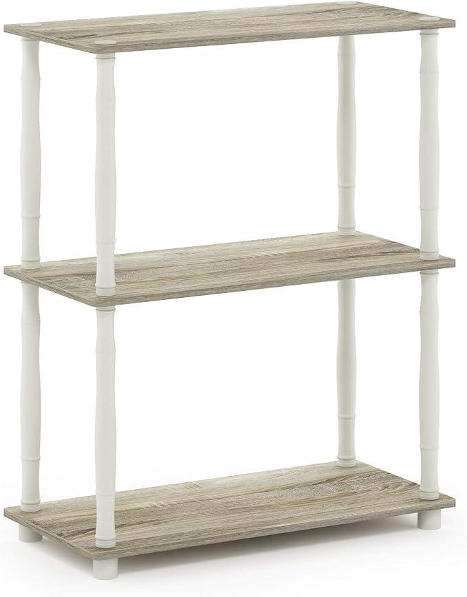 Furinno Turn-N-Tube 3-Tier Compact Multipurpose Shelf Display Rack with Classic Tube, Sonoma Oak/White | Open Shelves Corner Shelf, Book Shelf, for Organization and Storage, Living Room, Garage, Home Office