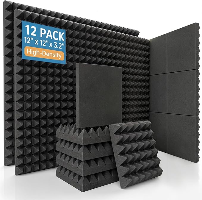 12 Pack Acoustic Foam Panels, 12 x 12 x 3.2 Inches, Pyramid Sound Proofing Foam, Extra Thick Soundproofing Panels, High Density Acoustic Treatment for Recording Studio