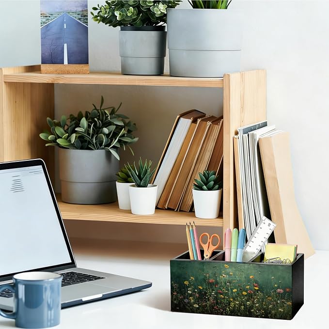 Moody Floral Pen Pencil Holder for Desk, Desk Pen Organizer Dark Green Wildflower Botanical Green Wooden Office Pencil Cup for Home Room Office Bedroom Desk Accessories Tabletop Decorations