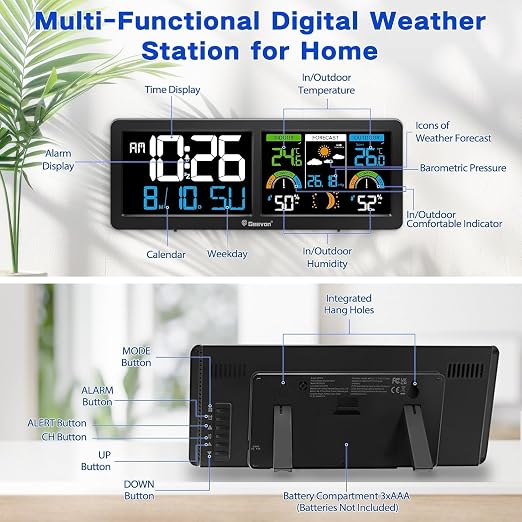 Geevon Weather Stations Wireless Indoor Outdoor Thermometer with Alarm Clock, HD Color Display Digital Temperature Humidity Monitor with Barometer, Comfort Indicator, and Adjustable Backlight