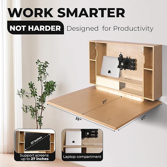 SKEENA Wall-Mounted Desk - Floating Folding Desk with Storage, Space-Saving Design for Home Office (36")