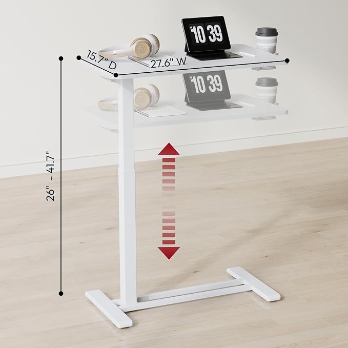 SANODESK 28''Mobile Standing Desk with Hidden Wheels,Pneumatic Laptop Desk | Sofa Computer Cart Movable Height Adjustable Table Small Sit Stand Desk for Home Office Hospital Use,27.6" W x 15.7" D,White