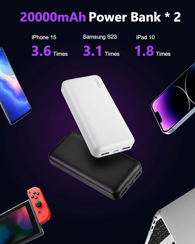 Miady Portable Charger, 2-Pack 20000mAh Battery Pack PD 22.5W USB Output Ports and Type C Fast in&Out Travel Fast Charging Power Bank Compatible with iPhone 16/15/14/13/12/X Galaxy 24/22 iPad Android