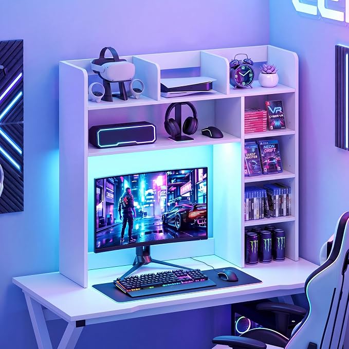 Tangkula Desktop Bookshelf with LED Lights, Desk Hutch with 8 Shelves for Max 25" Monitor, Desktop 5-Tier Display Rack, Multipurpose Wood Desktop Storage Hutch Organizer for Dorm Office Home (White)