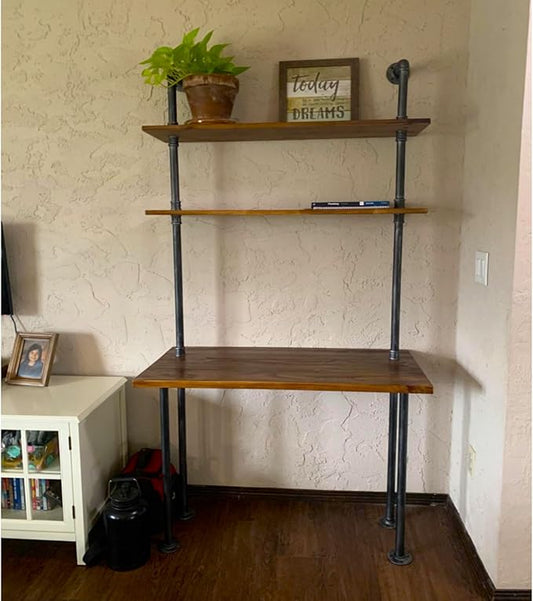 Industrial Wall Mount Desk with Shelves, 3-Shelf Ladder Desk, Computer Writing Table for Small Spaces, Black and Brown Modern Narrow Floating Table with Storage (13" Dx39.4 Wx79 H)