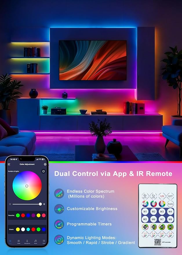 16.4FT Neon Rope Lights,Flexible RGB+IC LED Strip Lights,Remote Control,Multiple Modes,for Living Room,Bedroom,Holiday Decoration