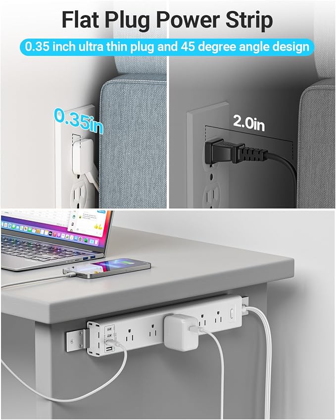 360° Mountable Surge Protector Power Strip with 4 USB Ports (2 USB C), 6 FT Electrical Outlet & Flat Plug Extension Cord for Under Desk, Wall, or Corner Mount (White)