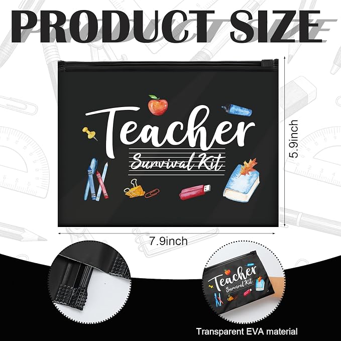 60 Pcs Teacher Appreciation Gifts Bulk Black Teacher Survival Small Waterproof Makeup Toiletry Bag Pouch Cosmetic Pencil Bag Thank You Gifts for Women Men Travel Back to School Season Supplies