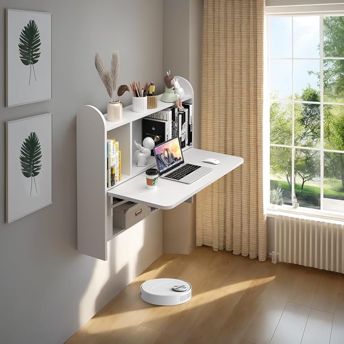 Wall Mounted Drop-Leaf Table, Floating Laptop Desk, Folding Table with Shelves, Multifunctional Computer Workstation with Storage Compartments in Home Office for Space Saving (White)