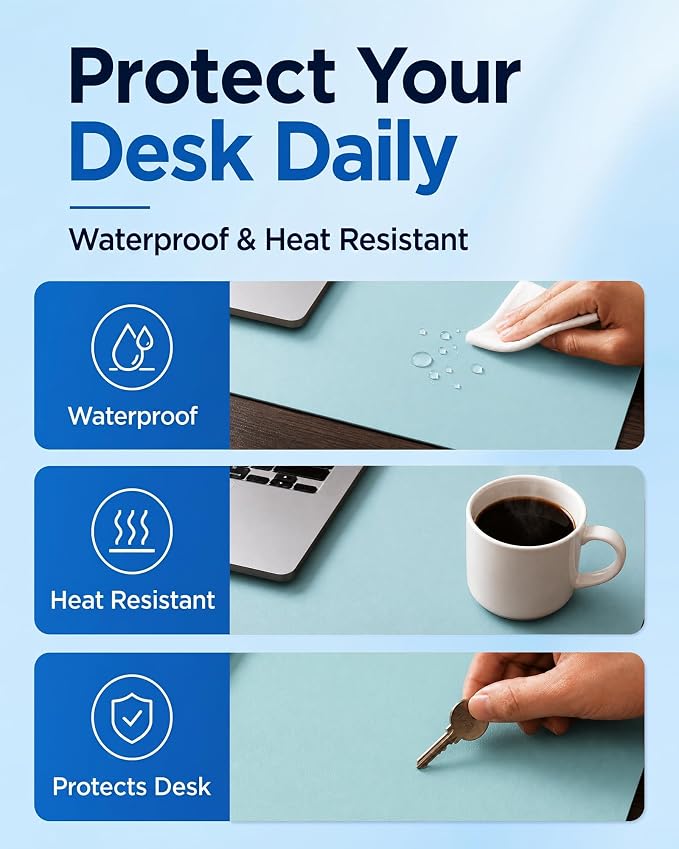 Aothia Cork Desk Mat - Dual-Sided Extra Large Desk Pad & Keyboard Mat, Long PU Leather Desk Protector, Waterproof Desktop Blotter (47" x 17", Blue Topaz)