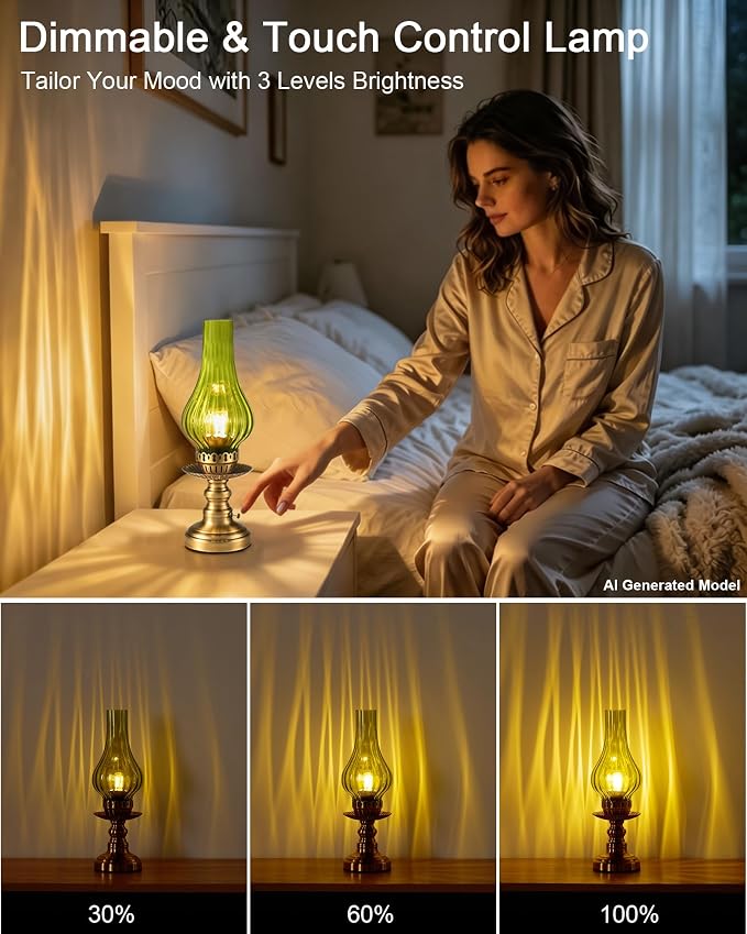 UMEXUS Vintage Small Cordless Table Lamp, Rechargeable Battery Powered | Touch Control Dimmer, Green Glass Shade & Gold Base Ambient Lighting, Home Decor for Bedroom Living Room Kitchen Nightstand