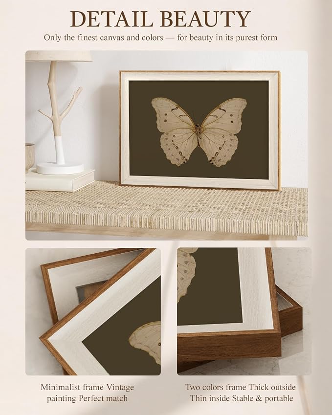 VIYYIEA Framed Butterfly Wall Art for Living Room, Vintage Cream Butterfly Canvas Painting, Rustic Nature Themed Picture Home Decor for Bathroom Bedroom Entryway, 12×16inch