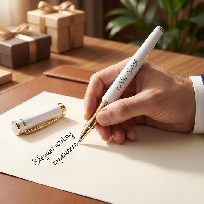 Ancolo Engraved Pens - Modern Roller Pens with 5 Free Personalized Lines, Ultra-Smooth Black Ink, Metal Body, Stylish Gift for Office Colleagues, Friends, Professor, Business
