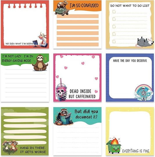 Funny Sticky Notes Gifts - 9 Pack Colorful Funny Notepads for Work 3x3 Inch, Fun Self-Adhesive Memo Pads Work Gag Gifts for Coworkers Students, Sarcastic School Office Supplies (450 Sheets)
