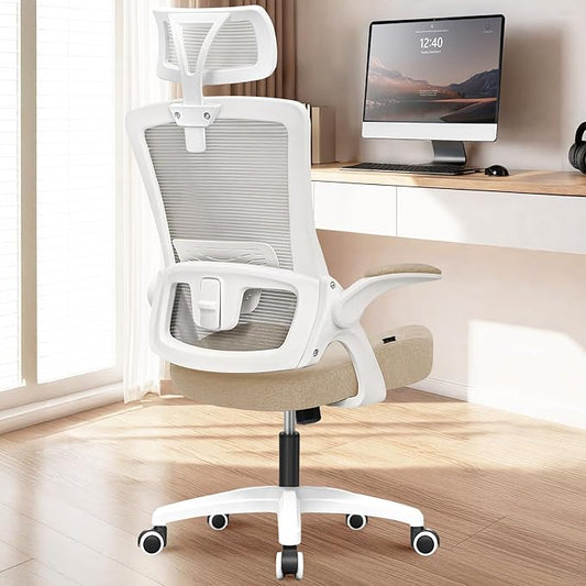 NEO Chair Office Desk Chair Computer High Back Mesh Gaming Seat with Ergonomic Adjustable Comfy Flip-up Armrests Lumbar Support Height for Home (Headrest Beige)
