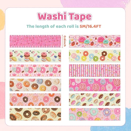 12 Rolls Donut Washi Tape Set, Candy Donuts Stars Decorative Masking Tapes, Cartoon Craft Pattern Adhesive Tapes for DIY Art Crafts Scrapbook Journal Planners Supplies Gift Wrapping 16.4Ft