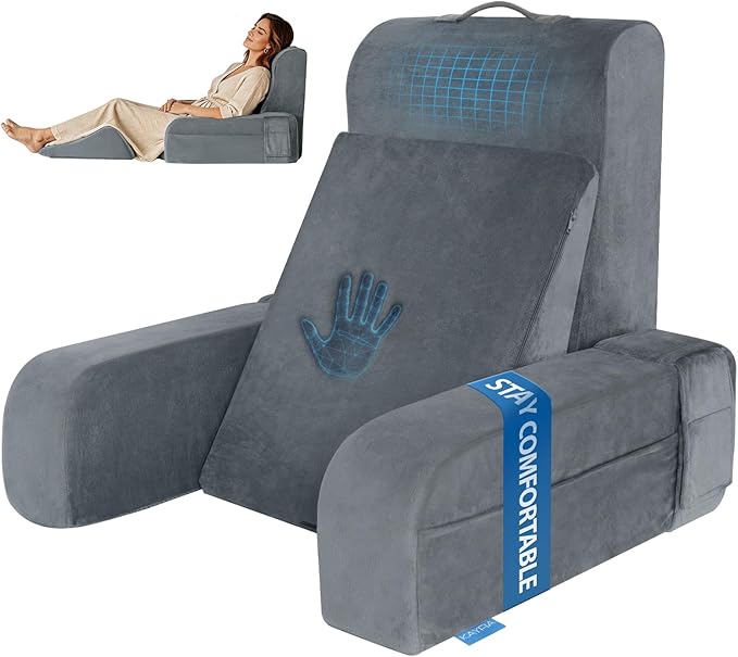 Kayfia Reading Pillow, Gel Memory Foam Back Rest Pillow, 19", Gray | 3 Storage Pockets, Dual-Use Back Leg Support Pillow, Detachable Armrests, Ideal for Reading, Gaming, Working on Bed & Couch