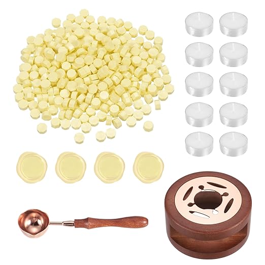 PATIKIL Wax Seal Kit, 300 Pcs Wax Sealing Beads, Wooden Warmer, Melted Spoon, 10 Pcs Tealight Candles for Envelope Letter Mailing Crafts DIY, Light Yellow