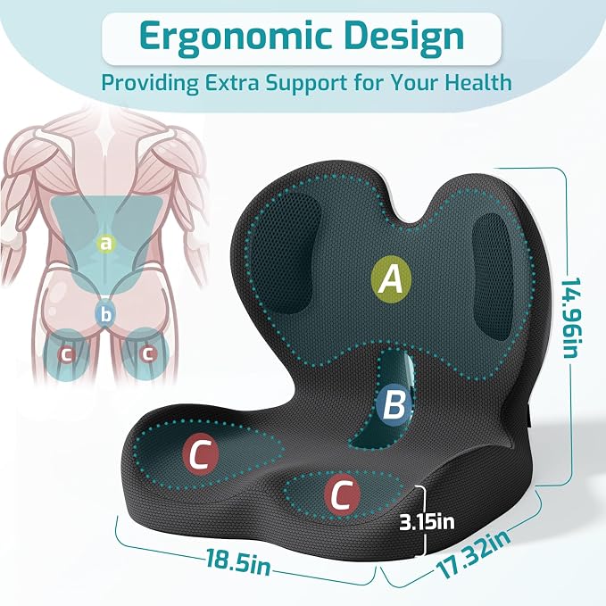Ergonomic Seat Cushion, Office Chair Cushion with Lumbar Support Pillow, Memory Foam Seat Cushions for Office, Car, Home Chairs,Tailbone,Back Pain & Sciatica Relief,Improves Posture