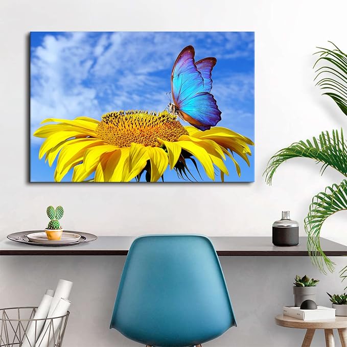 Sunflower Wall Art Bathroom Decor Blue Butterfly Canvas Pictures for Bedroom Sunflower Wall Decor Floral Posters Living Room Kitchen Home Decoration Yellow Sunshine Flower Painting Modern Artwork 24x36"
