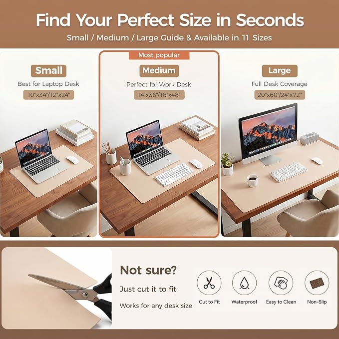 1.6mm Thick Leather 10x34 Inch Non-Slip Mat, Waterproof Countertop Protector, Slim Shelf/Small Coffee Station Topper, Warm Beige
