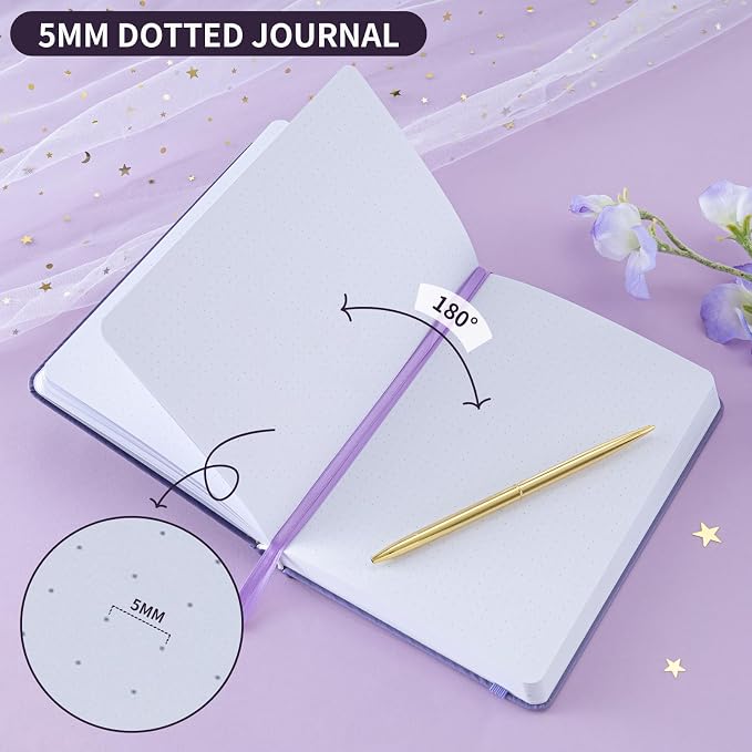 Dot Grid Journal with 160GSM Thick Paper, 192 Pages, A5 Dotted Notebook for Work, School, Travel | 180° Lay Flat, Foil Stamped Cover, Elastic Band, 2 Bookmarks & Inner Pocket (Dark Purple)