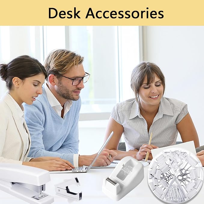 Office Supplies,White Desk Accessories,Office Supplies Set,Stapler and Tape Dispenser Set,Scissors,Staple Remover,Binder Clips,Staples,Ballpoint Pen,Index Tabs with Ruler,Clear Tape.9pcs for Office