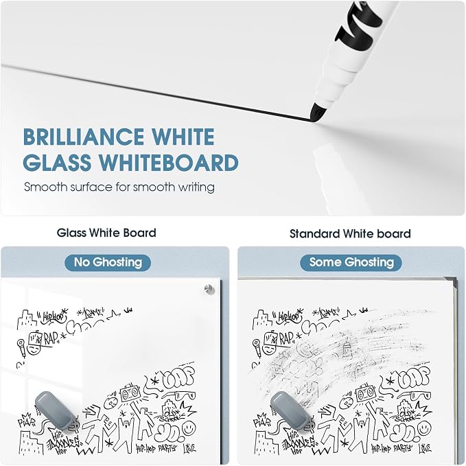MaxGear Tempered Glass Whiteboard Dry Erase Board 48x30 Inch Ultra White | Magnetic Steel,Frameless Design,Smooth Writing,Ghost Free,Wall Mounted,Accessory Kits,Office Classroom Conference Room Use
