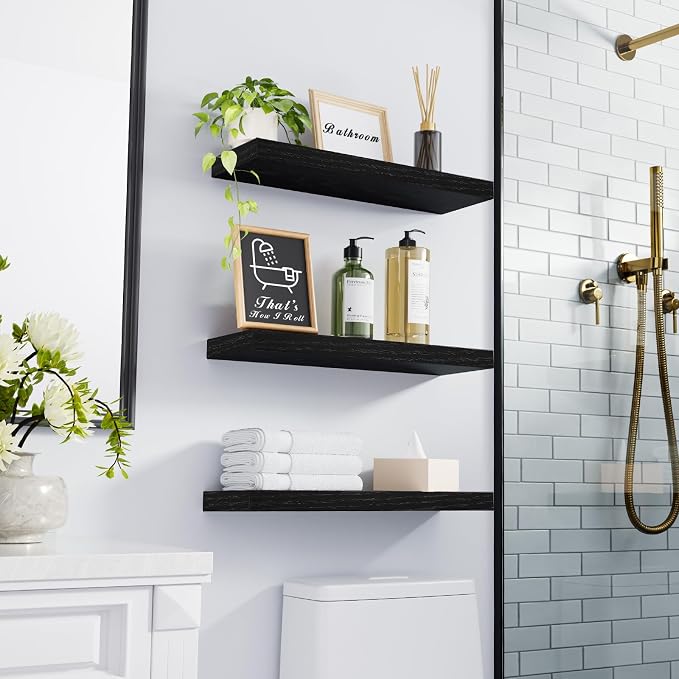 BAYKA Floating Shelves for Wall, Wall Mounted Rustic Wood Shelves for Bathroom, Bedroom, Living Room, Kitchen, Hanging Shelf for Books/Storage/Room Decor with 22lbs Capacity (Black, Set of 3, 15.7in)