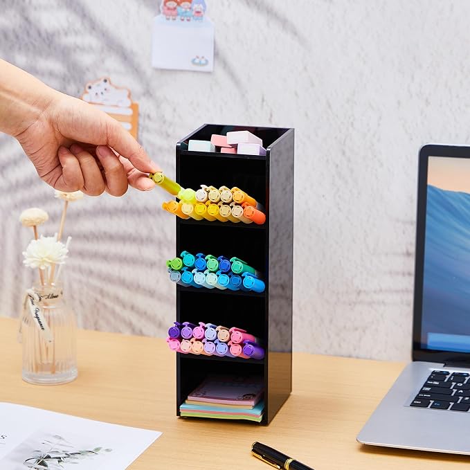 MotiMind Acrylic Pen Organizer Storage for 50 Markers Vertical Marker Organizer Acrylic Pen Display Holder for Office Desk Desktop Stationery Pencil Storage, Black, 3.4 x 4 x 10.2 Inch