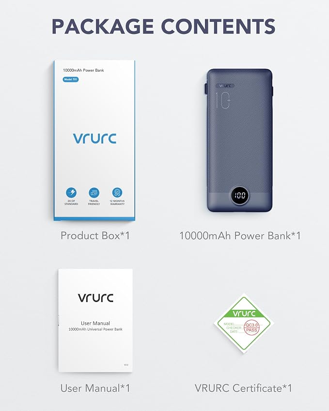 VRURC Portable Charger Built-in Cables and AC Wall Plug, USB C Power Bank 10000mAh, Travel Battery Portable Phone Charger Compact Lightweight External Battery Pack for Smart Phones, Tablets etc-Navy