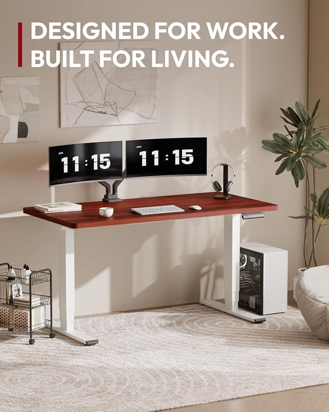 SANODESK Dual Motor Standing Desk 220lbs Height Adjustable Desk | 60"x24" Spacious One-Piece Mahogany Desktop & White Frame, 4 Memory Presets, 3-Stage Legs, 220lbs, 2-Box for Home & Office
