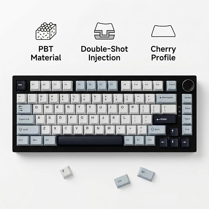 126 Keys PBT Double Shot Keycaps, White Navy Blue Minimalist Keycap Set, Cherry Profile Custom Keycaps for Mechanical Keyboard 60% 65% 75% 100% Cherry MX Switches