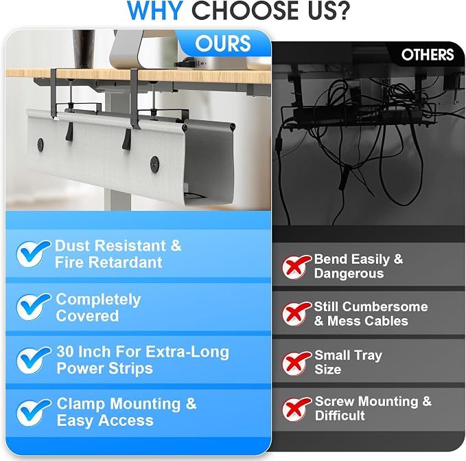 Under Desk Cable Management Tray, 30-inch No-Drill Cord Organizer with Anti-Sag Reinforced Base, Fabric Wire Management Hider for Standing Desk, Office & Gaming Accessories - Grey