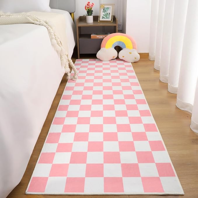 Terrug Pink and White Checkered Area Rug for Kitchen,2x6 Runner Rugs Washable with Non Slip for Bedroom,Soft Low Pile Stain Resistance Retro Carpet for Entryway Hallway
