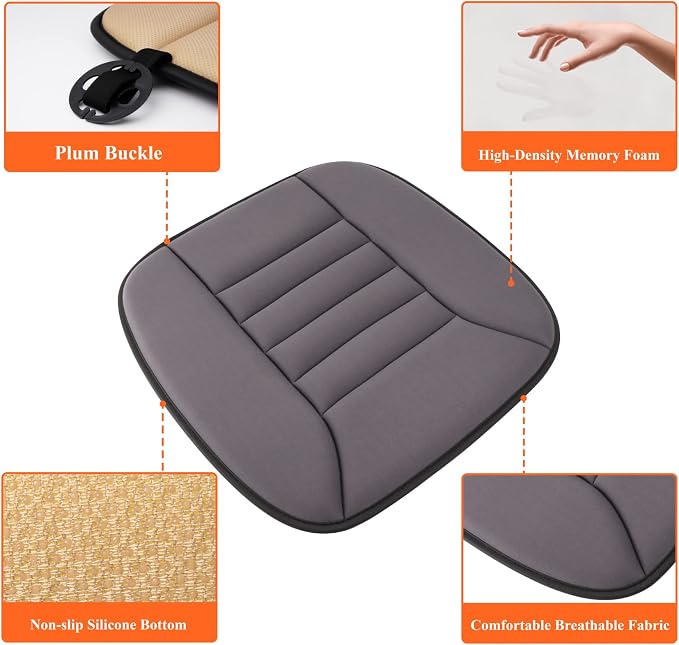 kingphenix Memory Foam Car Seat Cushion for Driver and Office Chair Comfort | 1.2-Inch-Thick Memory Foam Seat Pad, Breathable Fabric, Non-Slip Silicone Bottom for Long Drives and Office Use, Dark Grey