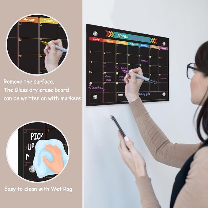 Glass Dry Erase Whiteboard, Color Monthly Calendar Whiteboard, 12" x 16",Frameless Glass White Board for Home, School, Office, Black Surface(Boli-Color-3040)